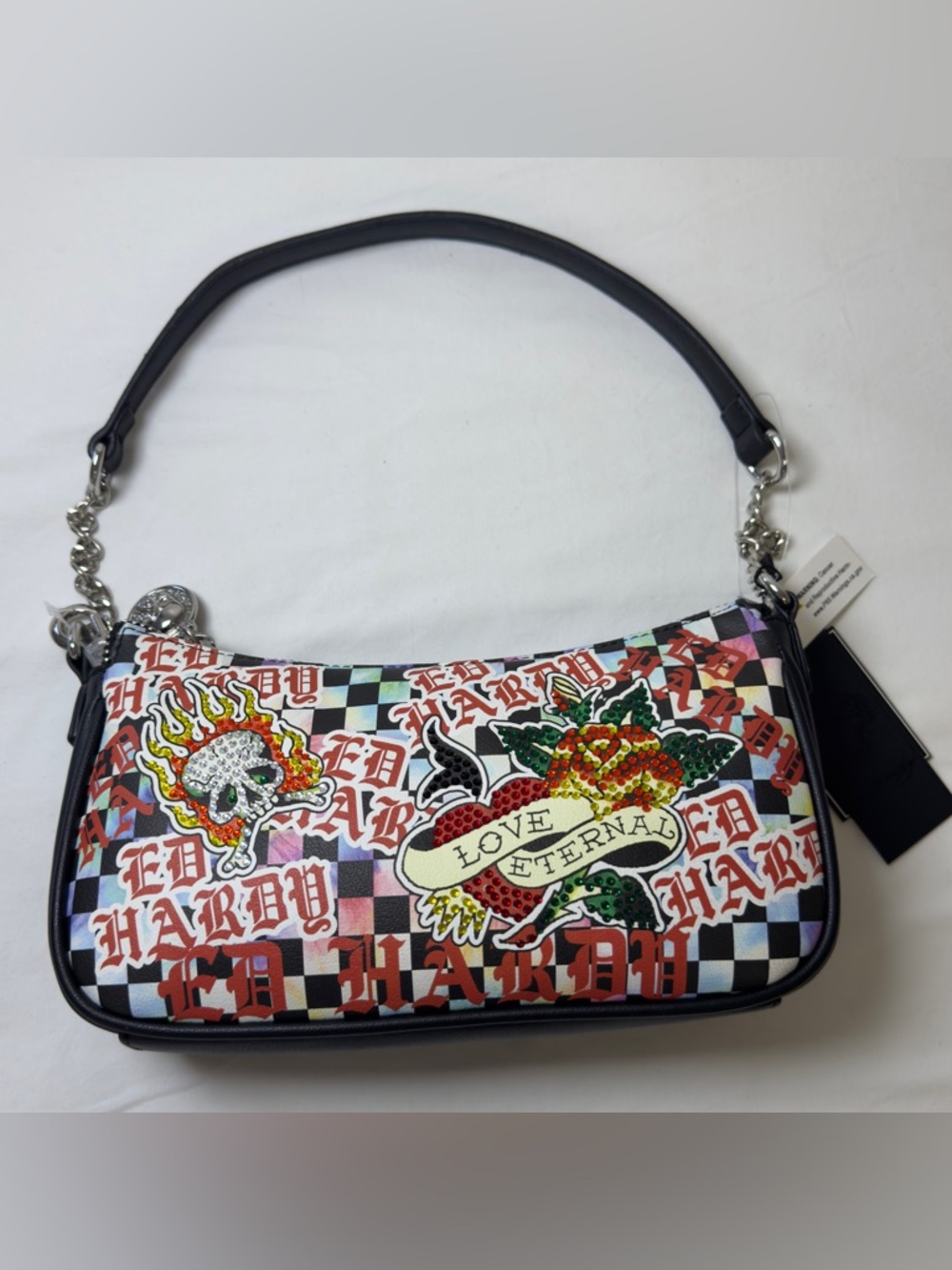 Ed Hardy Black White Red Checkered Patchwork Shoulder Bag